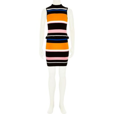 Girls black knit stripe top and skirt set